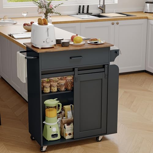 YATINEY Kitchen Island with Storage, Kitchen Storage Cabinets with Charging Station, Kitchen Island on Wheels, Rolling Island Table with Sliding Cabinet Door