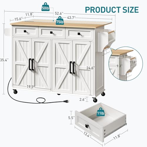 RALGEND Kitchen Island with Drop Leaf & Power Outlet, Rolling Kitchen Island Cart On Wheels, Barn Door Kitchen Island Table with Storage and Tower Rack, Island Table for Kitchen, White and Natural
