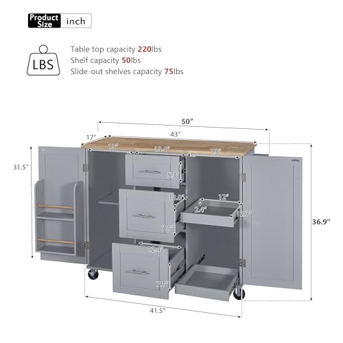 Nevoc Kitchen Island with Storage, Rolling Kitchen Island on 5 Wheels