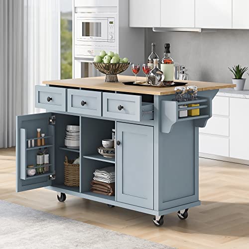 MEETFAV Kitchen Island with Drop Leaf, Kitchen Island Table on Wheels with Storage, Rolling Kitchen Island Cart with Spice Rack & Towel Rack