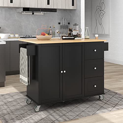 Kitchen Island on Wheels with Drop Leaf, Large Kitchen Island with Storage, Drawers and Adjustable Shelf, Portable Rolling Kitchen Island for Kitchen, Dinning Room (Black)