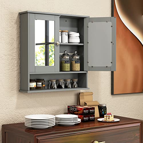LDAILY Bathroom Wall Cabinet, Over The Toilet Storage Cabinet with Adjustable Shelf and Vanity Mirrored Doors, Medicine Cabinet Mirror, Bathroom Organizers and Storage for Kitchen, Office (Gray)