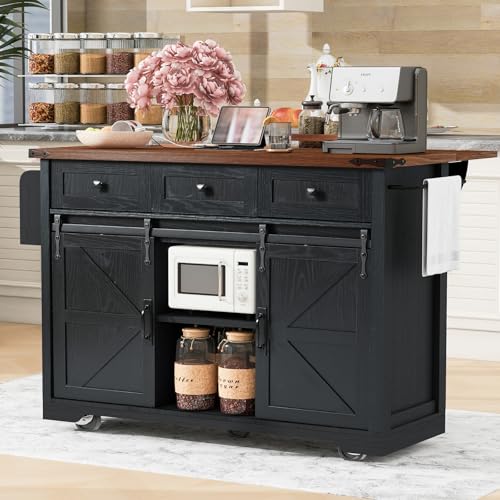 Farmhouse Rolling Kitchen Island with Drop Leaf