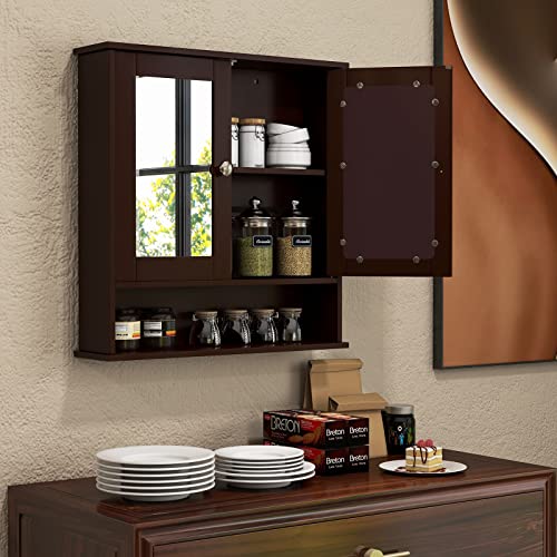 LDAILY Bathroom Wall Cabinet, Over The Toilet Storage Cabinet with Adjustable Shelf and Vanity Mirrored Doors, Medicine Cabinet Mirror, Bathroom Organizers and Storage for Kitchen, Office (Brown)