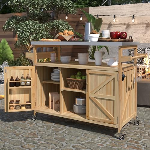 Merax 50inch Outdoor Stainless Steel Kitchen Island with Storage Rolling Kitchen Island Bar Coffee Grill Carts On Wheels Wood Kitchen Island Cart, Natural