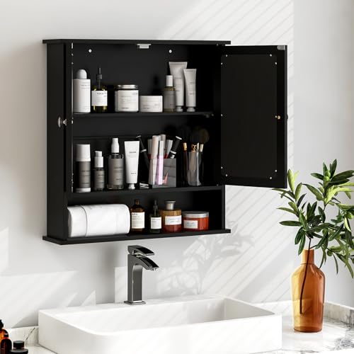 LDAILY Bathroom Wall Cabinet, Over The Toilet Storage Cabinet with Adjustable Shelf and Vanity Mirrored Doors, Medicine Cabinet Mirror, Bathroom Organizers and Storage for Kitchen, Office (Black)
