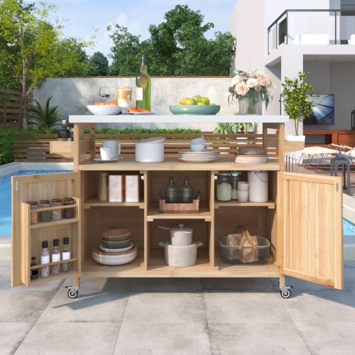 Merax 50inch Outdoor Stainless Steel Kitchen Island with Storage Rolling Kitchen Island Bar Coffee Grill Carts On Wheels Wood Kitchen Island Cart, Natural