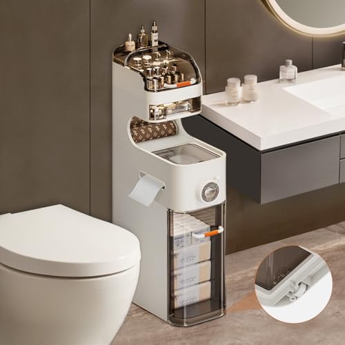 Slim Bathroom Storage Cabinet, Narrow Storage Cabinet with Movable Wheels, Waterproof Bathroom Organizers & Toilet Paper Holder, Drawer Cabinet for Small Spaces, Bathroom, Kitchen, Laundry (M)