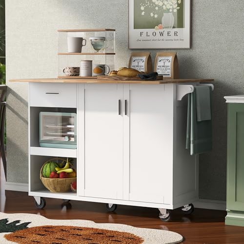 OPULHAUS Kitchen Island with Storage， Rolling Kitchen Island on Wheels with Drop Leaf， Towel Rack and Drawer, Door Cabinet, Drawer, Kitchen Cart Island Table for Kitchen (White)