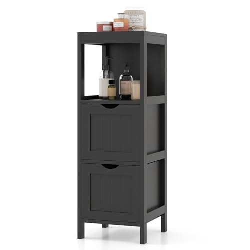 Giantex Bathroom Organizers and Storage Cabinet - Storage Organizer Rack Stand with 2 Removable Drawers, Anti-Toppling Device, Corner Unit, Narrow Toilet Paper Cabinet, Bathroom Floor Cabinet (Black)