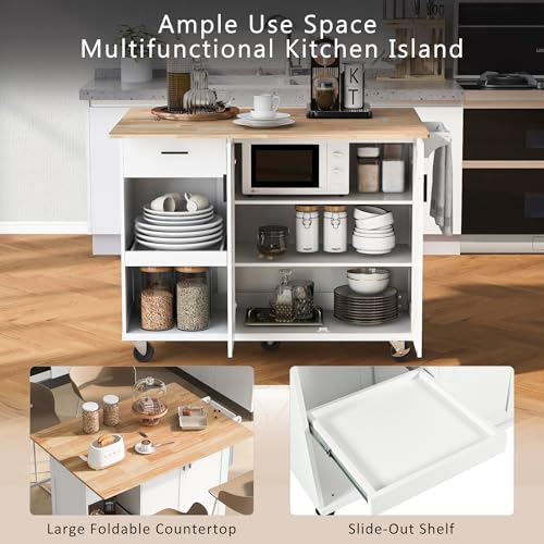 OPULHAUS Kitchen Island with Storage， Rolling Kitchen Island on Wheels with Drop Leaf， Towel Rack and Drawer, Door Cabinet, Drawer, Kitchen Cart Island Table for Kitchen (White)