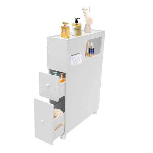 Xianikoho Slim Bathroom Storage Cabinet White Bathroom Cabinet 4 Layers Small Narrow Bathroom Storage Cabinet Free Standing with Slide Out Drawers for Bathroom Goods Organizers and Storage