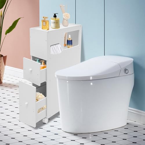 Xianikoho Slim Bathroom Storage Cabinet White Bathroom Cabinet 4 Layers Small Narrow Bathroom Storage Cabinet Free Standing with Slide Out Drawers for Bathroom Goods Organizers and Storage