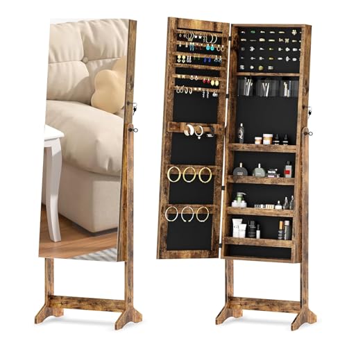 soges Free Standing Jewelry Cabinet with Full Length Mirror, Lockable Jewelry Armoire Organizer, Adjustable Large Mirror Cabinet jewelry Storage Organizers, Vintage Brown