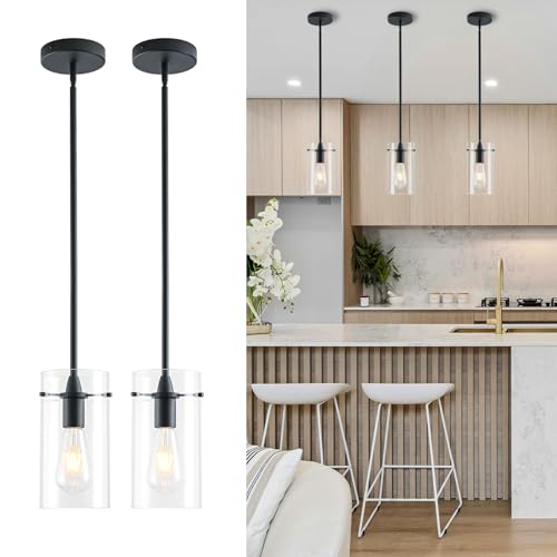 FONTA VERDE 2 Pack Pendant Lights Kitchen Island, Adjustable Hanging Thick Glass Pendant Light Fixtures, Matte Black Pendant Lights Kitchen Island, Modern Kitchen Pendant Lighting Over Island