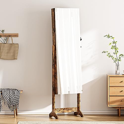 soges Free Standing Jewelry Cabinet with Full Length Mirror, Lockable Jewelry Armoire Organizer, Adjustable Large Mirror Cabinet jewelry Storage Organizers, Vintage Brown