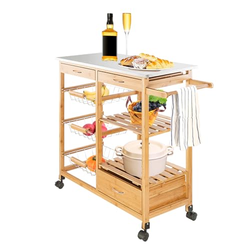 Kitchen Island Cart with Baskets, Rolling Kitchen Island on Wheels with Storage, Kitchen Cart with Drawer, Brown