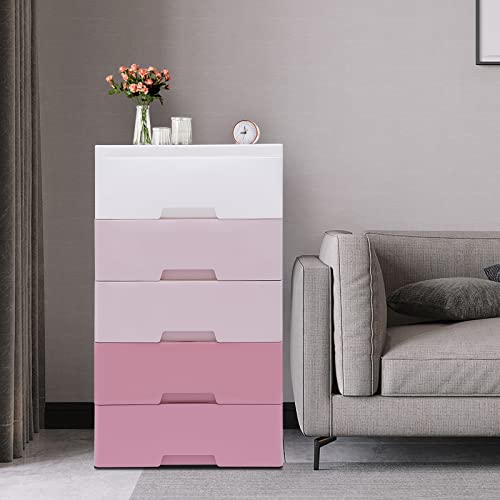 Weglae Plastic Drawers Dresser Storage Cabinet,Drawer Organizers,Storage Cabinet,Plastic Closet Dresser,Organizer Unit with 5 Drawers and Wheel for Bedroom