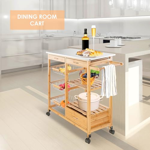 Kitchen Island Cart with Baskets, Rolling Kitchen Island on Wheels with Storage, Kitchen Cart with Drawer, Brown
