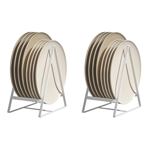 Hikinlichi 2 Pack Triangle Plate Holders Organizers Large Upright Cabinet Dish Drying Racks Metal Plate Dish Organizers Racks Stands for Countertop and Cupboard White