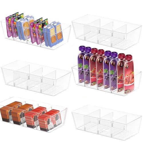 BALEINE Pantry Organizers and Storage Bins, Plastic Clear Storage Bins with 3 Removable Dividers, BPA-Free Fridge Organizers for Kitchen Cabinet Bathroom (10.5x6.1x3.5