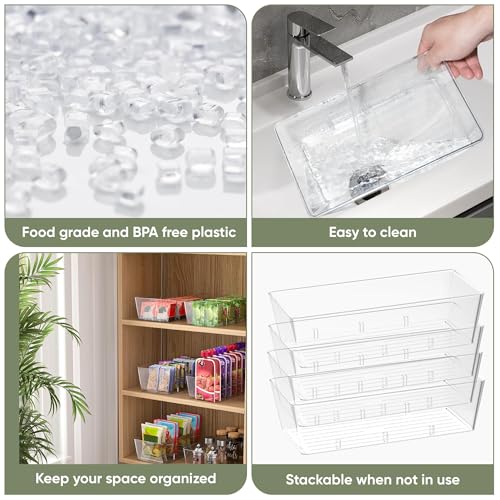 BALEINE Pantry Organizers and Storage Bins, Plastic Clear Storage Bins with 3 Removable Dividers, BPA-Free Fridge Organizers for Kitchen Cabinet Bathroom (10.5x6.1x3.5