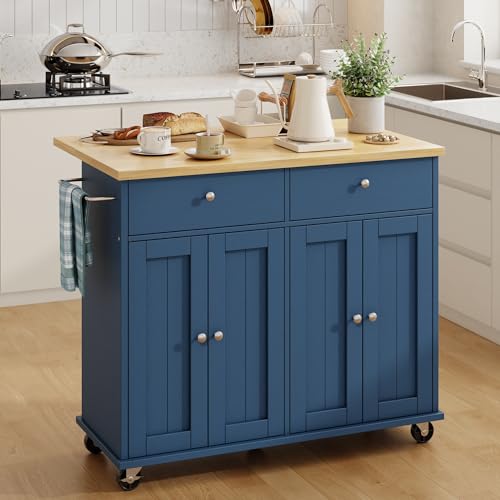 SUNLEI Kitchen Island with Storage, Rolling Kitchen Island Cart with Wheels & Drop Leaf & Towel Rack & 2 Drawers, Portable Island Table for Kitchen (Blue