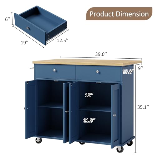 SUNLEI Kitchen Island with Storage, Rolling Kitchen Island Cart with Wheels & Drop Leaf & Towel Rack & 2 Drawers, Portable Island Table for Kitchen (Blue