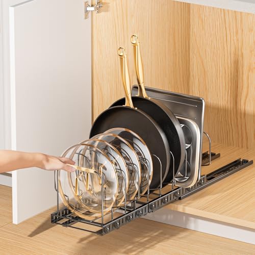 PanPanPal Pots and Pans Organizer for under Cabinet, Pull out Pan Organizers inside Cabinet for Kitchen Cabinet Organizers and Storage with Adjustable Dividers and Handled Divider
