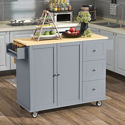 LITVZ Kitchen Island with Storage and Drop Leaf, Kitchen Island Cart on Wheels, Mobile Kitchen Island Cabinets with Wood Countertop Table for Kitchen, Dinning Room (Grey), L1042
