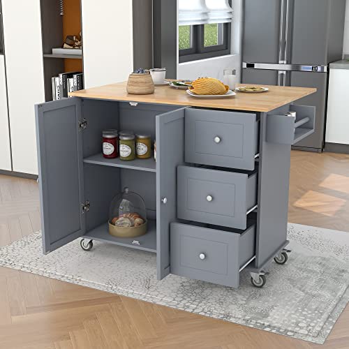LITVZ Kitchen Island with Storage and Drop Leaf, Kitchen Island Cart on Wheels, Mobile Kitchen Island Cabinets with Wood Countertop Table for Kitchen, Dinning Room (Grey), L1042