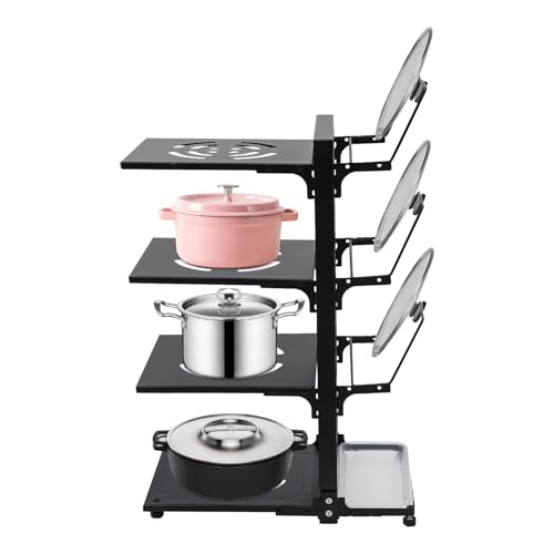 VPABES 4 Tier Pan Organizer Rack for Kitchen Cabinet, Pan Organzier Rack, Adjustable Pot Organizers Inside Cabinet, Pan Rack Shelf for Kitchen Cabinet Organizers and Storage,Black