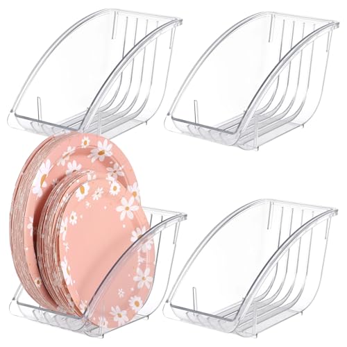 Tideme 4 PCS 10 Inch Paper Plate Holders, Plastic Clear Dinner Plate Organizers, Dish Drainer Paper Plate Dispenser, Dish Cradle Organizers Rack for Kitchen Cabinet Countertop