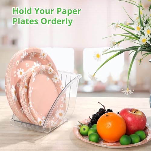 Tideme 4 PCS 10 Inch Paper Plate Holders, Plastic Clear Dinner Plate Organizers, Dish Drainer Paper Plate Dispenser, Dish Cradle Organizers Rack for Kitchen Cabinet Countertop