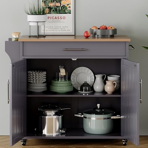 Soscana Kitchen Storage Island, Wooden Rolling Kitchen Island On Wheels with Countertop, Mobile Kitchen Island Cart with Towel Rack, Spice Rack and Drawers, Grey