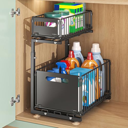 TOOCA BEAR Under Sink Organizers Kitchen Storage Organization 2-Tier L-Shaped Pull Out Cabinet Organizer, Adjustable Height,Bathroom Organizers and Storage