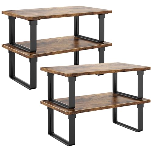 Cabinet Shelf Organizers, Set of 4 Stable Kitchen Counter Shelves, Stackable Expandable Spice Racks, Wood Anti-Slip Kitchen Organizers and Storage, Easy to Assemble, Rustic Brown