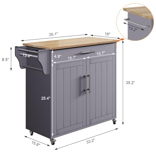 Soscana Kitchen Storage Island, Wooden Rolling Kitchen Island On Wheels with Countertop, Mobile Kitchen Island Cart with Towel Rack, Spice Rack and Drawers, Grey
