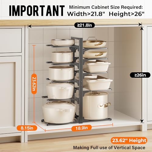 MUDEELA 10-Tier Pots and Pans Organizer under Cabinet, Heavy Duty Adjustable Pot Pan Organizers inside Cabinet, Kitchen Cabinet Organizers and Storage for Big Stockpots, Heavy Cookware