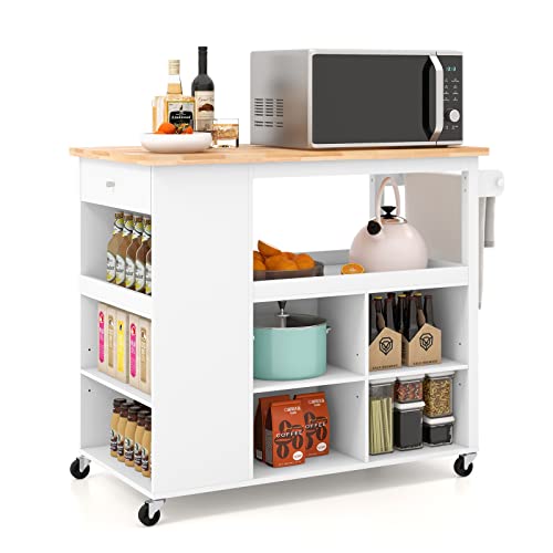LOKO Kitchen Island with Storage, Kitchen Island on Wheels w/Rubber Wood Countertop, Towel Rack Handle, Storage Drawer & Open Compartments, Island Table for Kitchen