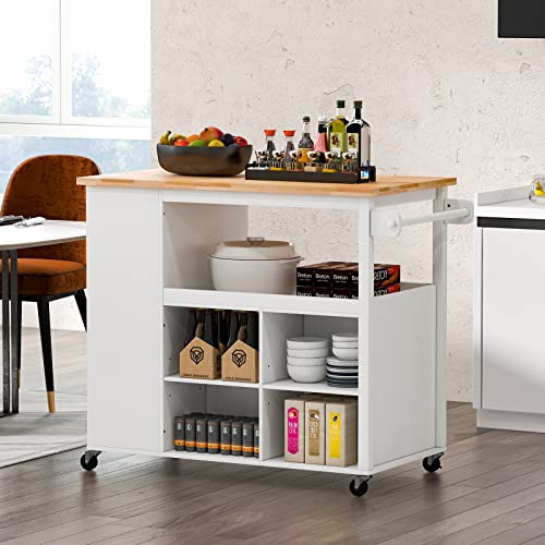 LOKO Kitchen Island with Storage, Kitchen Island on Wheels w/Rubber Wood Countertop, Towel Rack Handle, Storage Drawer & Open Compartments, Island Table for Kitchen