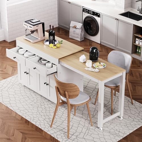Extendable Kitchen Island on Wheels, Rolling Island Cart with Extendable Table, Kitchen Island Carts with Storage 2 Drawers, Mobile Kitchen Storage Island with Dining Table, Spice Rack, White