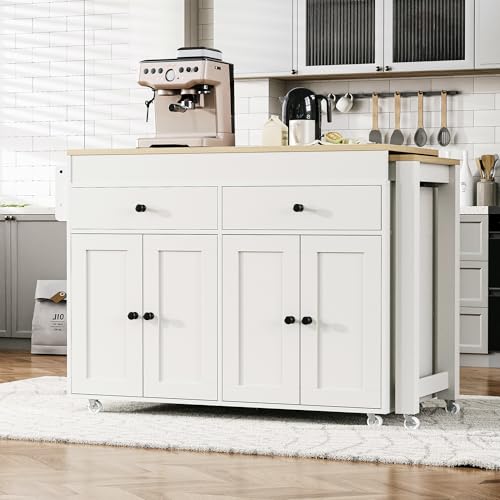 Extendable Kitchen Island on Wheels, Rolling Island Cart with Extendable Table, Kitchen Island Carts with Storage 2 Drawers, Mobile Kitchen Storage Island with Dining Table, Spice Rack, White