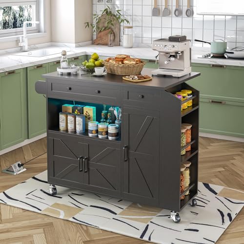 Kitchen Island with Drop Leaf, Rolling Kitchen Island with Power Outlet and Led Light