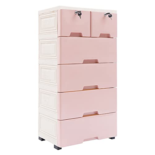 WOQLIBE Dresser Drawer Organizers,Plastic Dresser with 6 Drawers, Tall Lockable Storage Cabinet with Wheel, Dresser Drawer Organizers for Baby Clothing/Bedroom/Playing Room