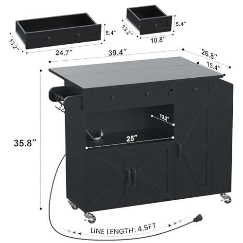 Kitchen Island with Drop Leaf, Rolling Kitchen Island with Power Outlet and Led Light