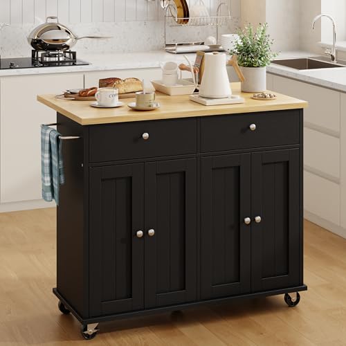 SUNLEI Kitchen Island with Storage, Rolling Kitchen Island Cart with Wheels & Drop Leaf & Towel Rack & 2 Drawers, Portable Island Table for Kitchen (Black