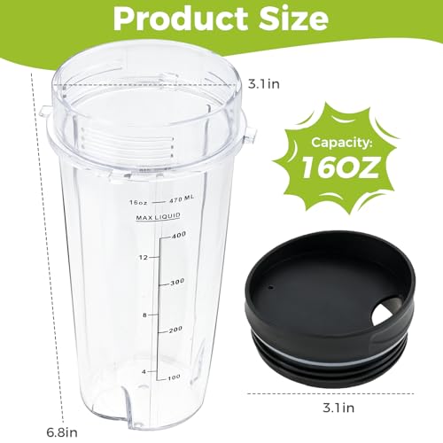 16oz Blender Cups Replacement for Nutri Ninja Blender, Blender Cup with Scale and Sip Lids Compatible with Nutri Ninja Blender BL770 BL780 BL660 BL740 BL810