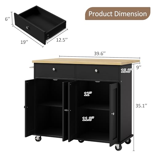 SUNLEI Kitchen Island with Storage, Rolling Kitchen Island Cart with Wheels & Drop Leaf & Towel Rack & 2 Drawers, Portable Island Table for Kitchen (Black