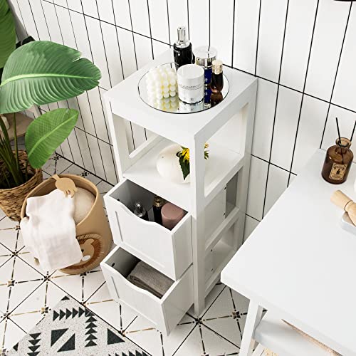 Giantex Bathroom Organizers and Storage Cabinet - Storage Organizer Rack Stand with 2 Removable Drawers, Anti-Toppling Device, Corner Unit, Narrow Toilet Paper Cabinet, Bathroom Floor Cabinet (White)